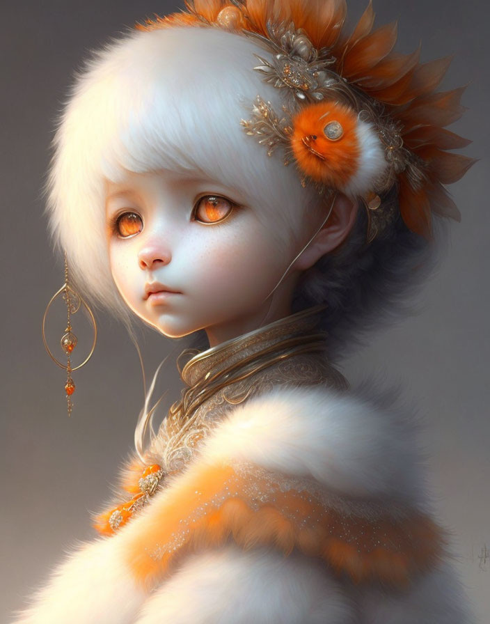 Child in white furry attire with orange accents and golden eyes.