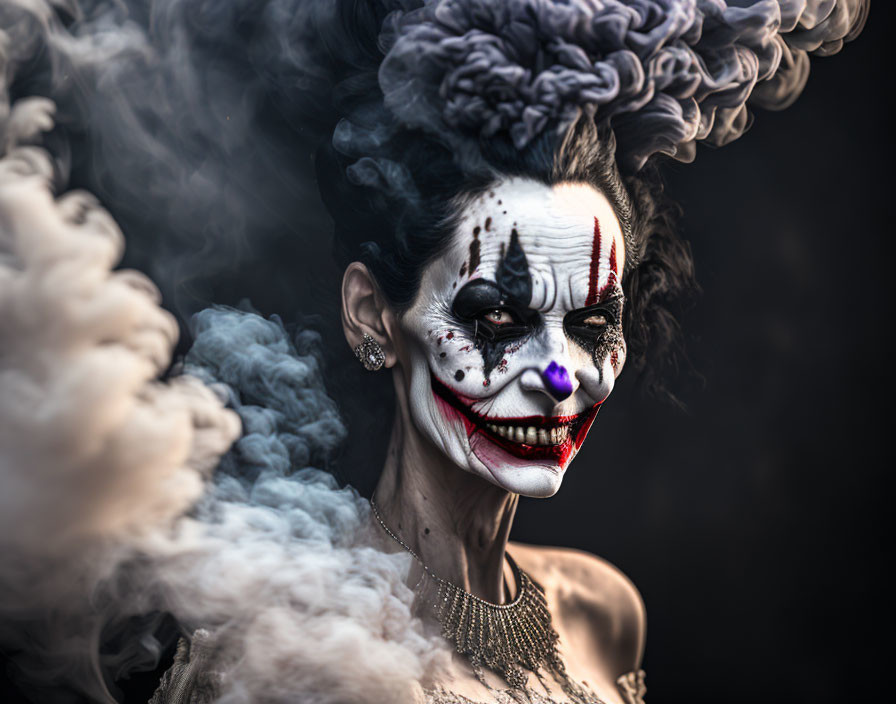 Sinister clown with dramatic makeup in elegant attire