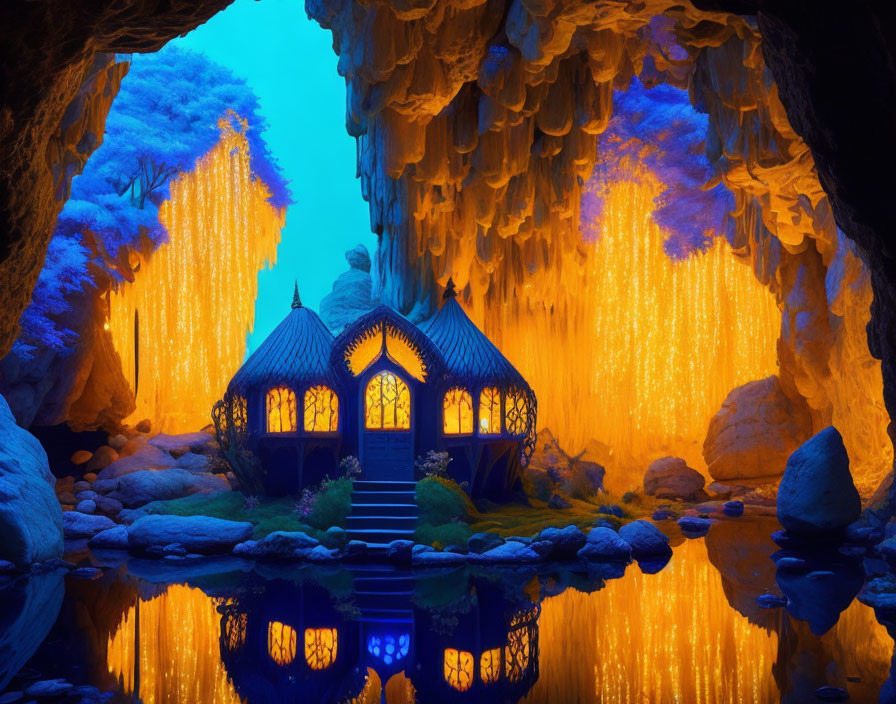 Mystical Cave with Gothic House, Water Body, and Stalactites