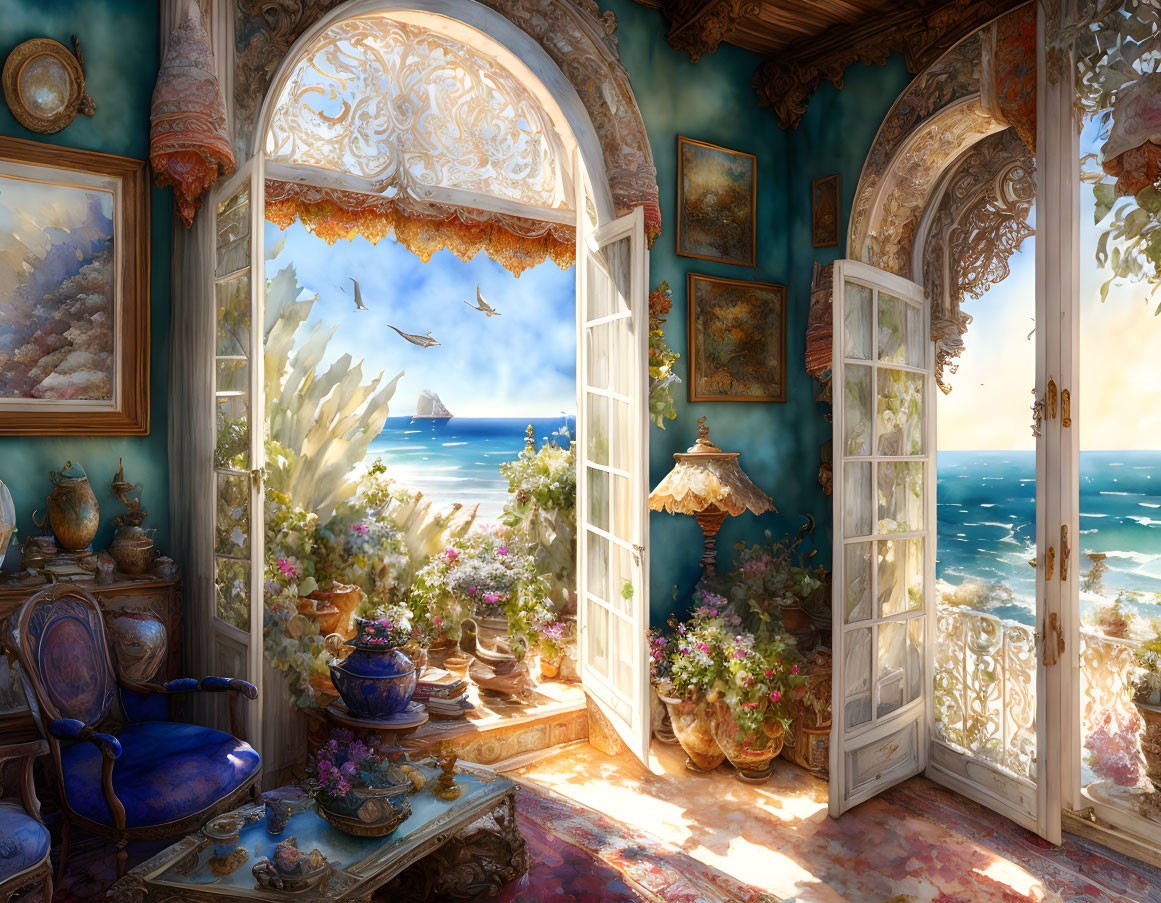 Luxurious room with seaside balcony view, ornate decor, paintings, flowers, vintage furniture, sunny