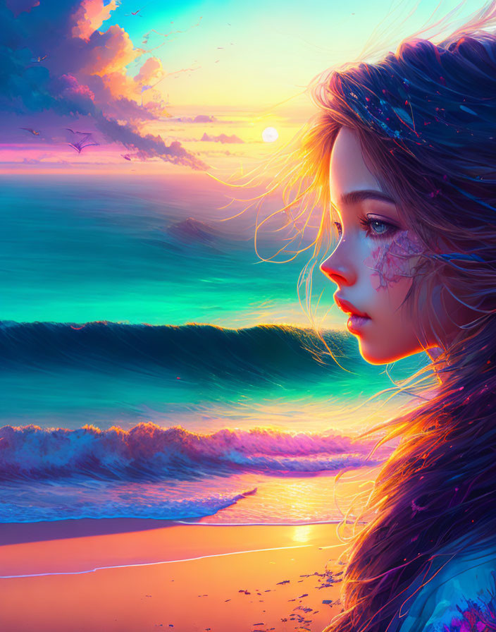 Detailed digital artwork of young woman blending into beach sunset