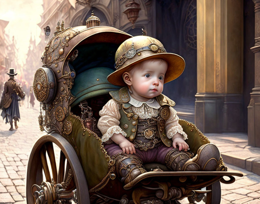 Victorian-themed baby in steampunk carriage on historical street