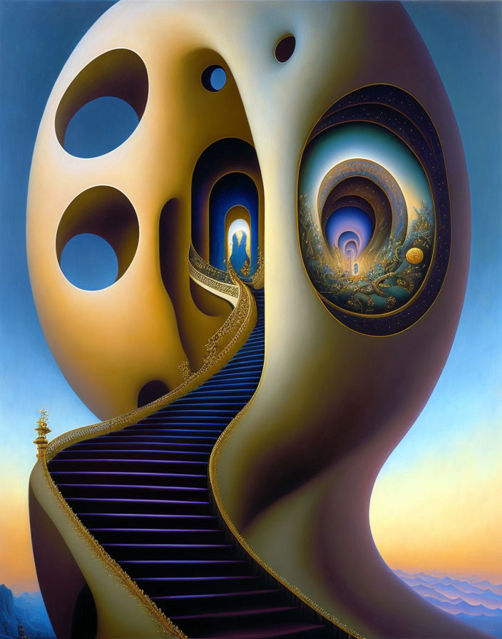 Surreal painting: flowing staircase in figure-like structure with mountainous backdrop.