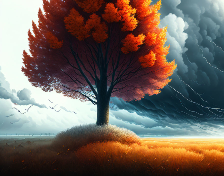 Vibrant orange tree on small hill under dramatic sky