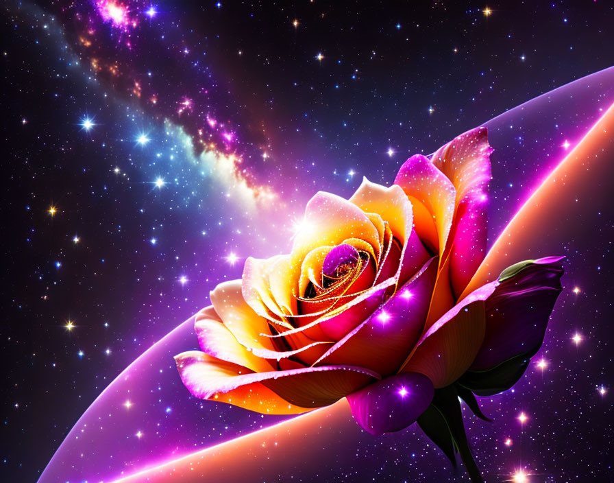 Colorful Rose Against Cosmic Background with Stars and Galaxy