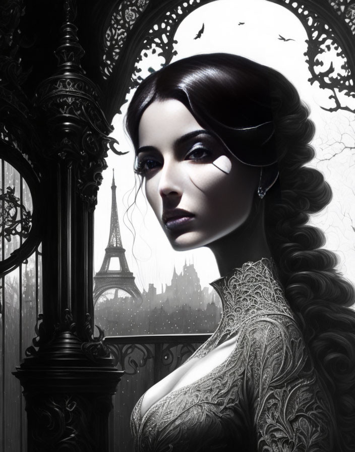 Monochromatic portrait of woman in lace attire with Eiffel Tower backdrop