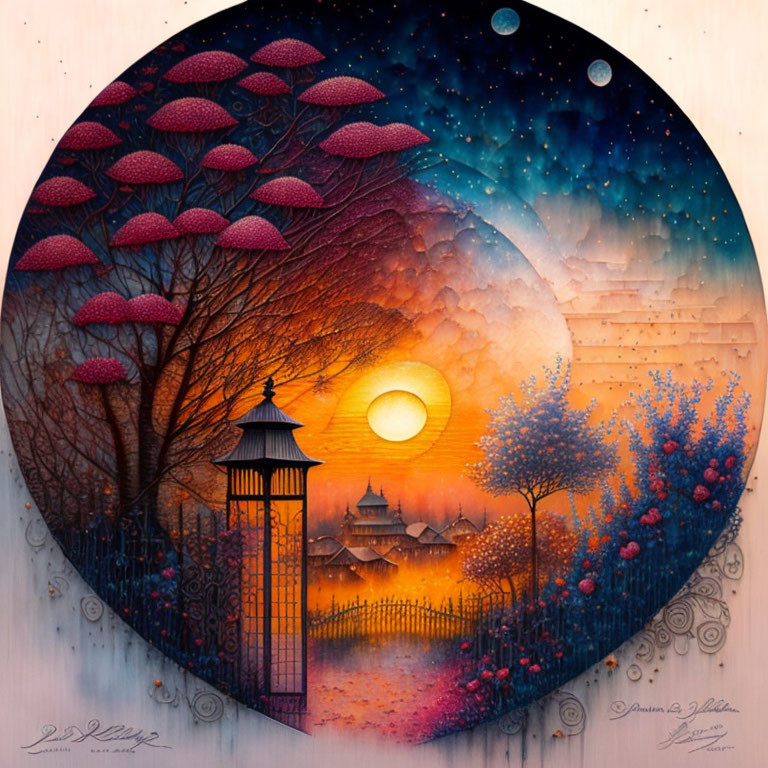 Circular Artwork: Pink-topped Trees, Setting Sun, Traditional Structures