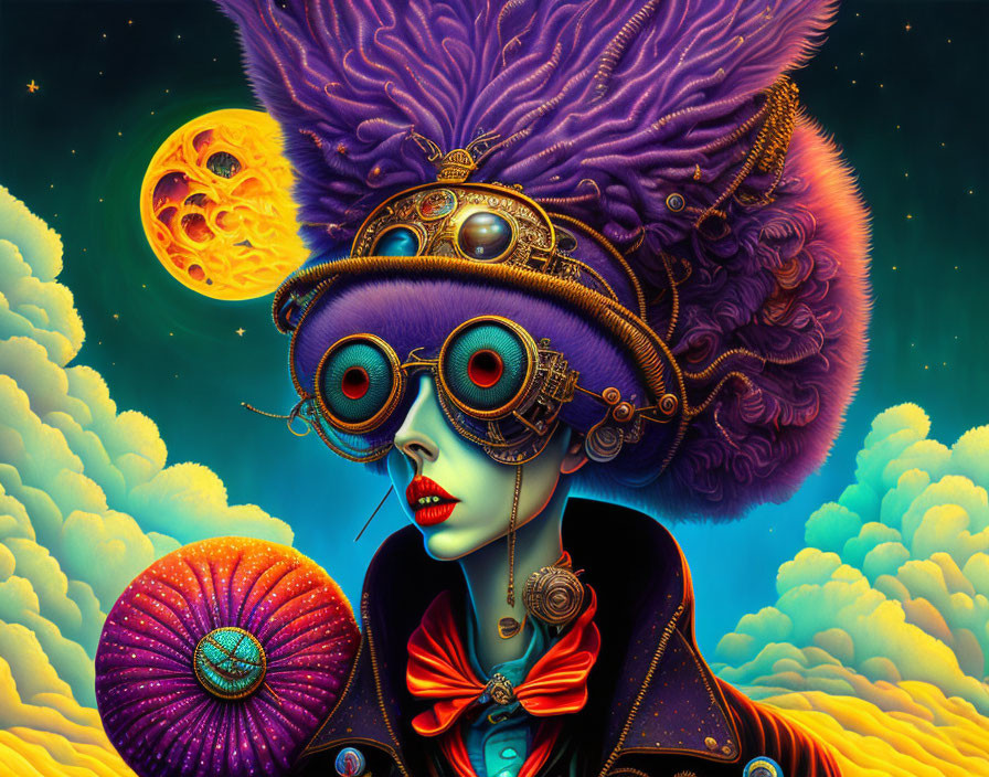 Colorful surreal illustration: Woman with steampunk goggles and feathered hat