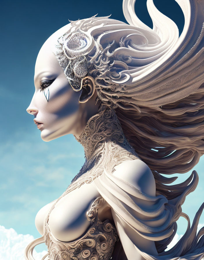 Detailed 3D illustration of female figure with white hair and metallic adornments against blue sky