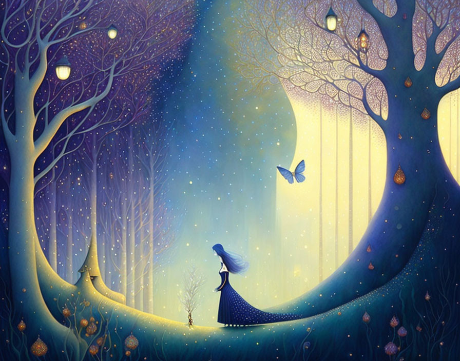 Whimsical illustration of woman in blue dress in enchanted forest