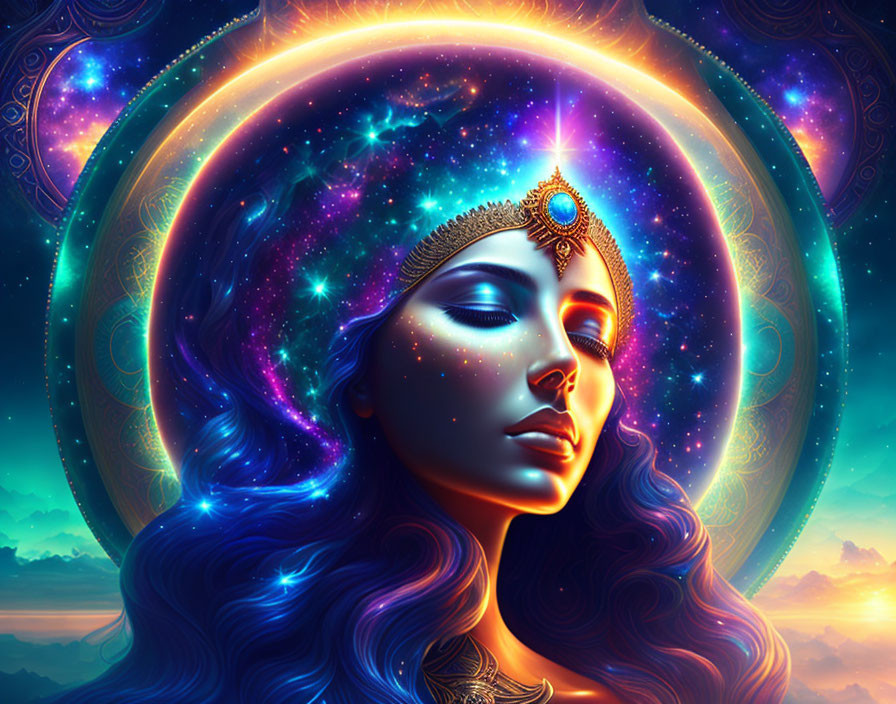 Colorful cosmic woman with blue hair and headpiece in celestial setting