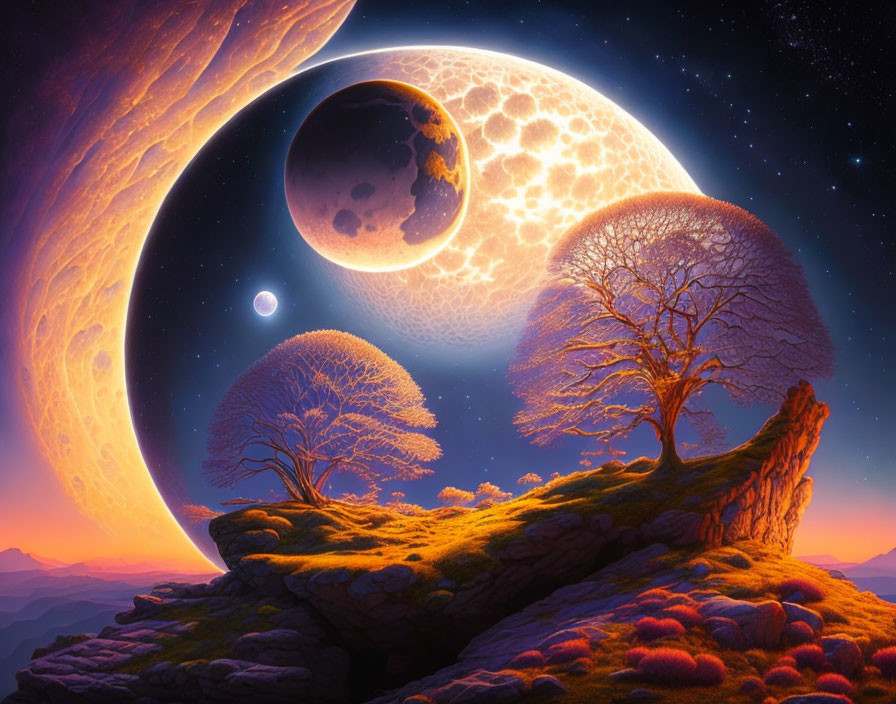 Vibrant trees on cliff under starry sky with large moon & planets.