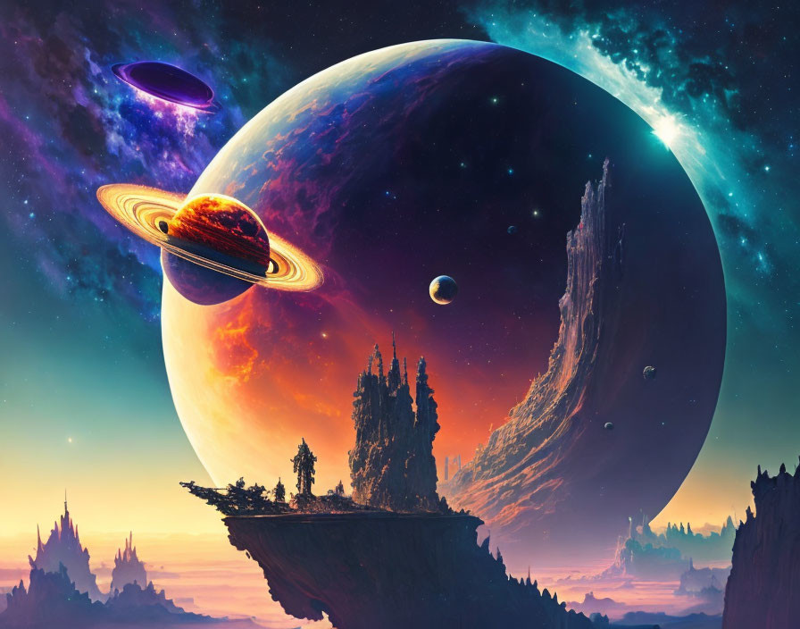 Colorful floating islands, towering rocks, planets, and rings in a celestial landscape