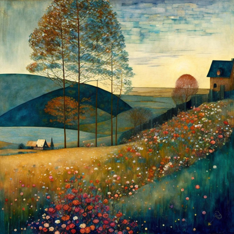 Colorful Flower Field Landscape Painting with House, Hills, and Tree