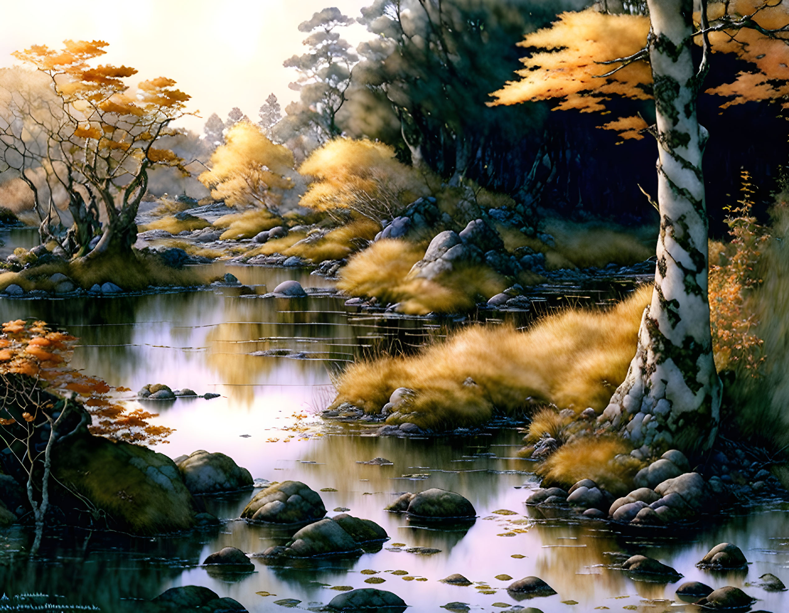 Autumn forest stream with rocks and foliage