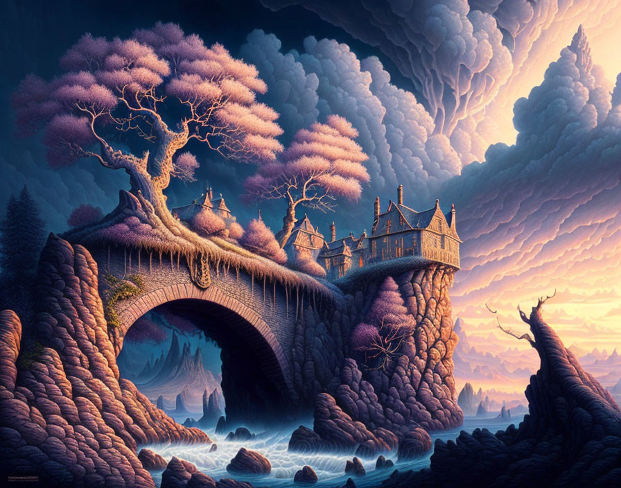 Majestic purple tree on stone bridge in fantasy landscape