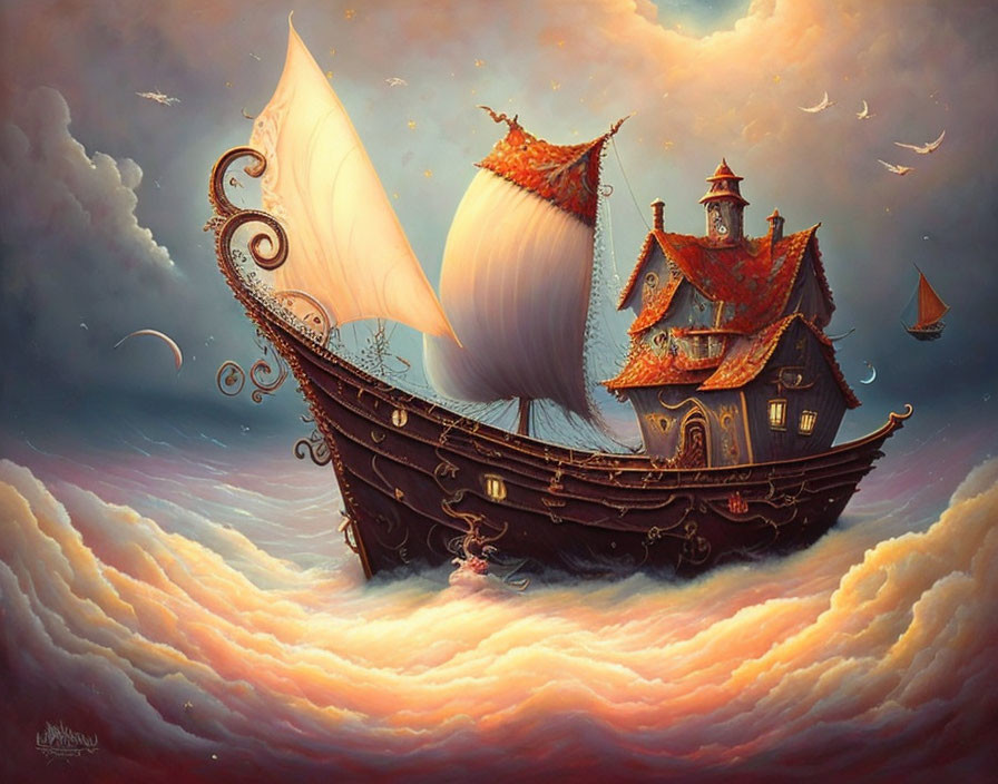 Fantastical house-shaped ship sailing on fluffy clouds under warm sky