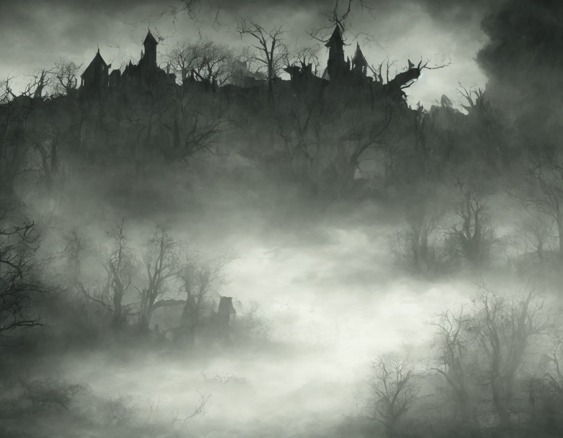 Eerie foggy landscape with twisted trees and ominous castle on hill