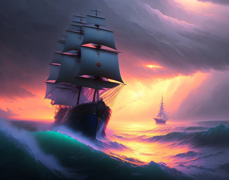 Majestic sailing ship on tumultuous seas at sunset