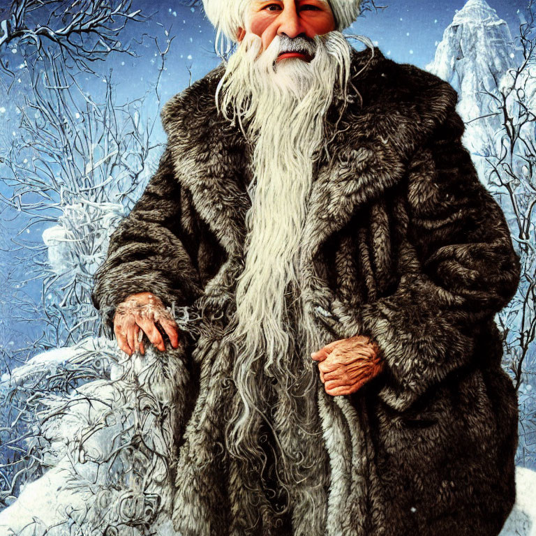 Elderly man in fur coat against snowy landscape