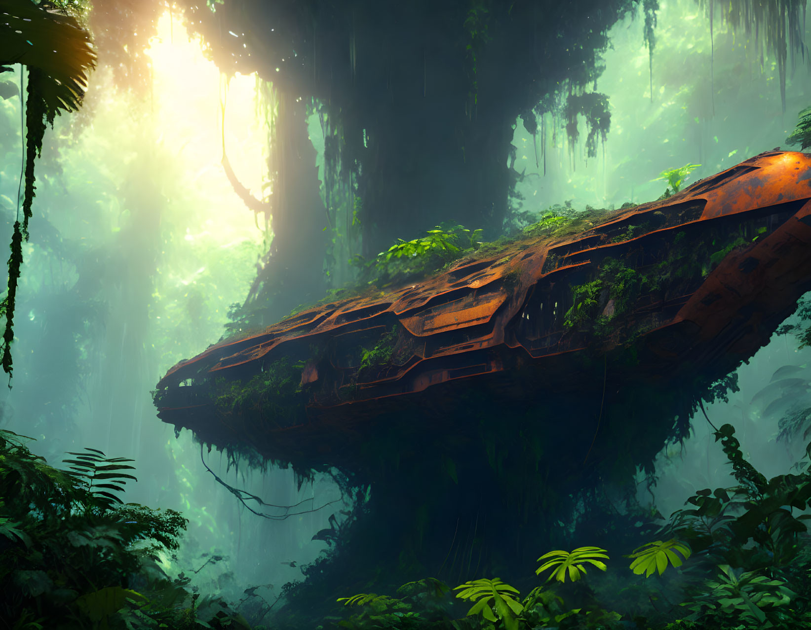 Abandoned spaceship in misty jungle with sunlight filtering through foliage