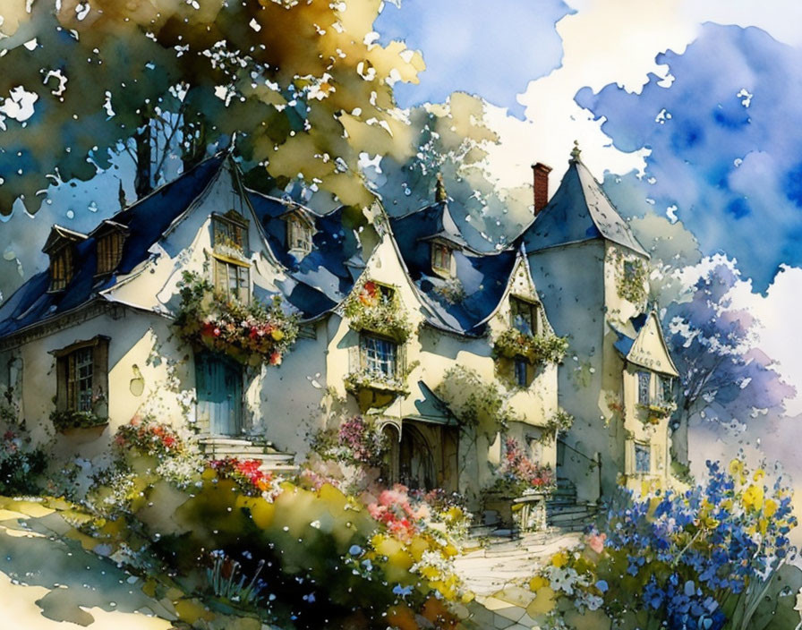 Charming cottage with blooming flowers in watercolor