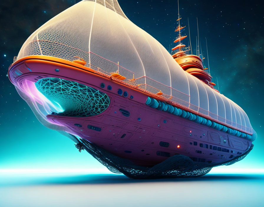 Futuristic airship with glowing accents in starry night sky