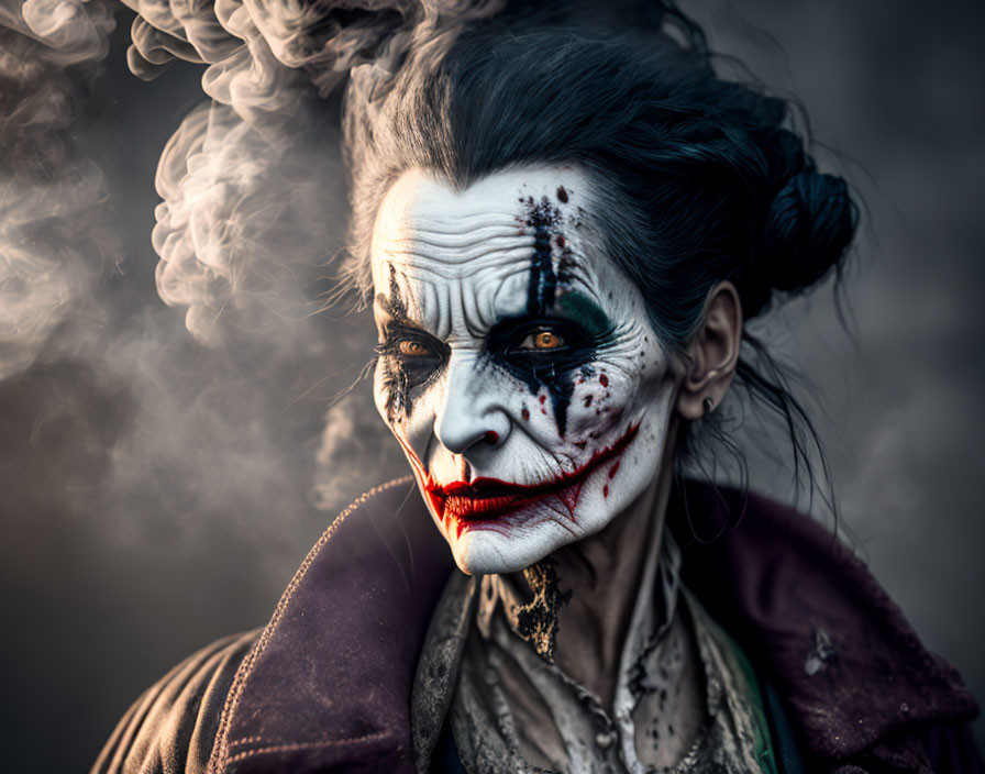 Sinister clown with dramatic black and white makeup