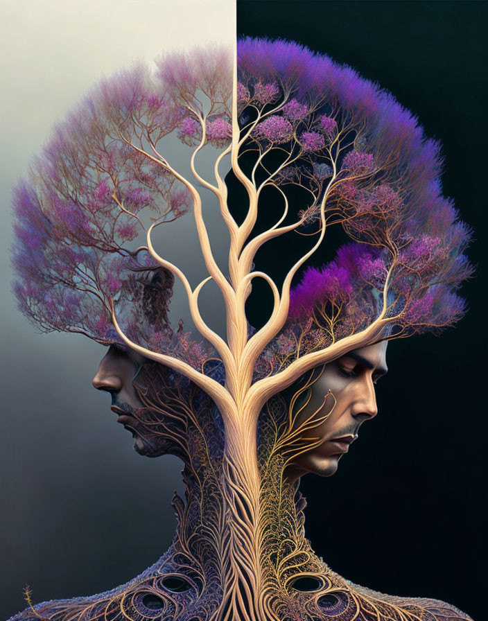 Vibrant purple and pink tree canopy merging with faces in digital art