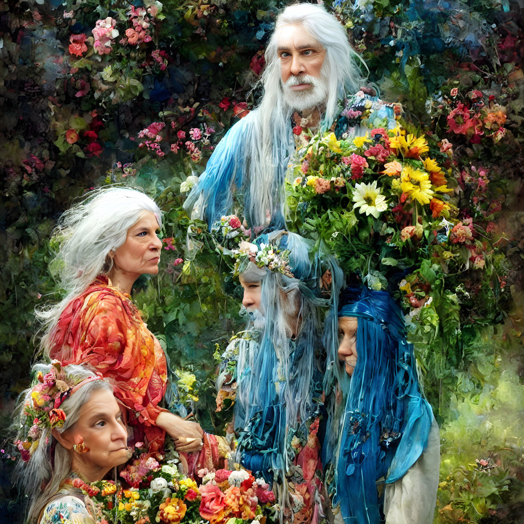 Group of people with floral decorations in colorful attire in mystical garden setting