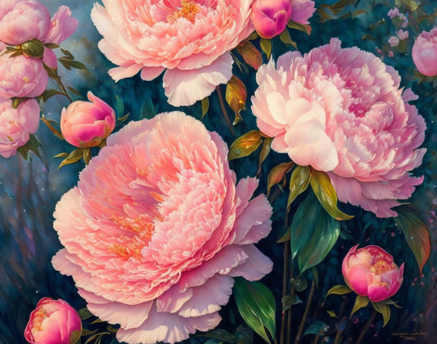 Pink peonies painting with lush blooms and green foliage on dreamy backdrop