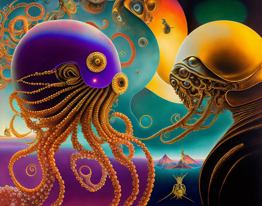 Ornate octopuses intertwine in surreal celestial scene