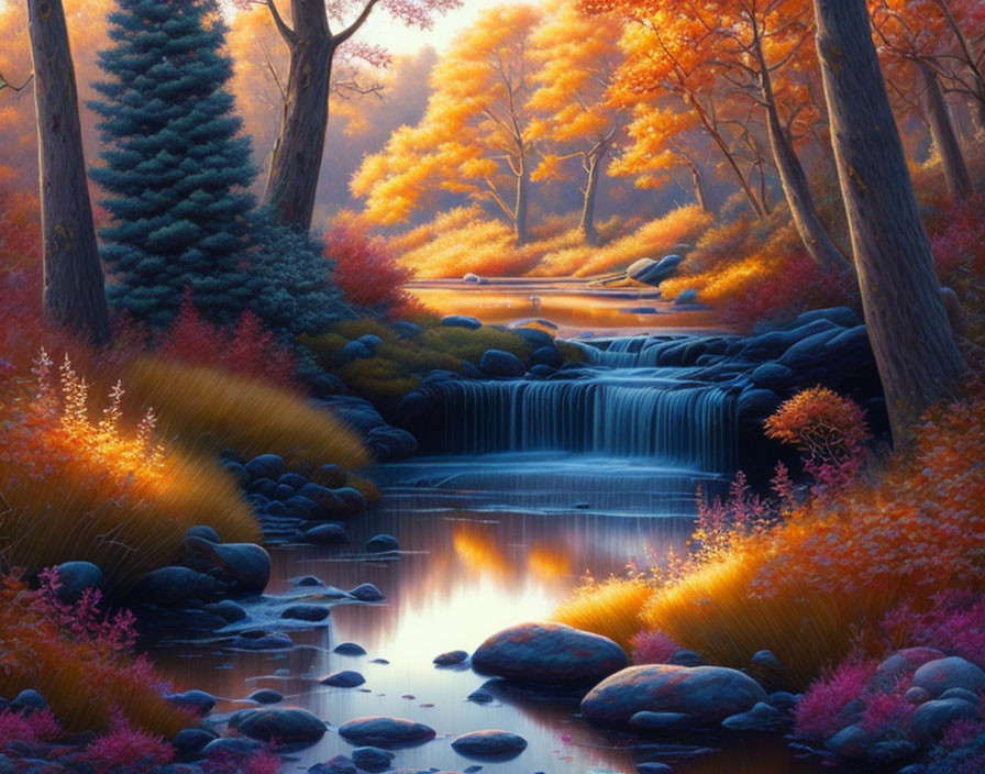 Tranquil autumn landscape with cascading stream and vibrant foliage