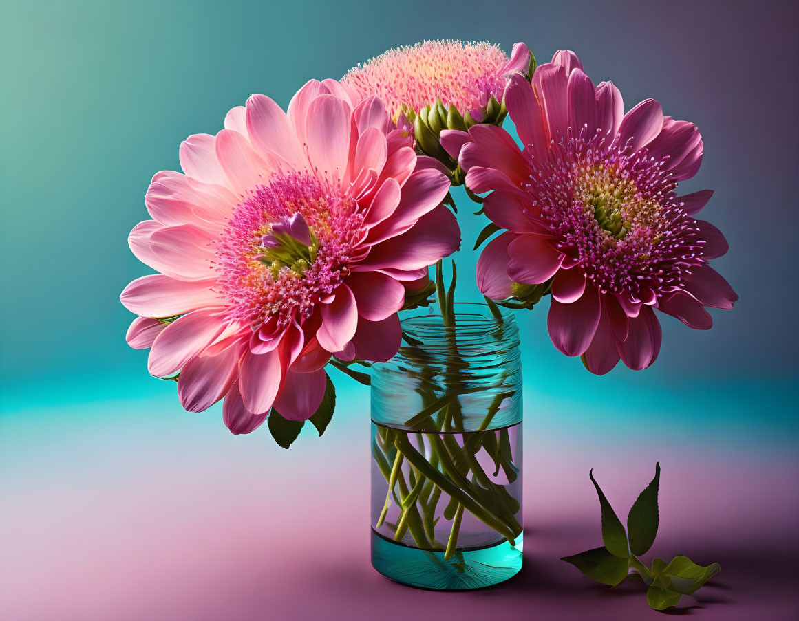 Pink gerbera flowers in glass vase on blue and pink background with fallen petal and leaf.