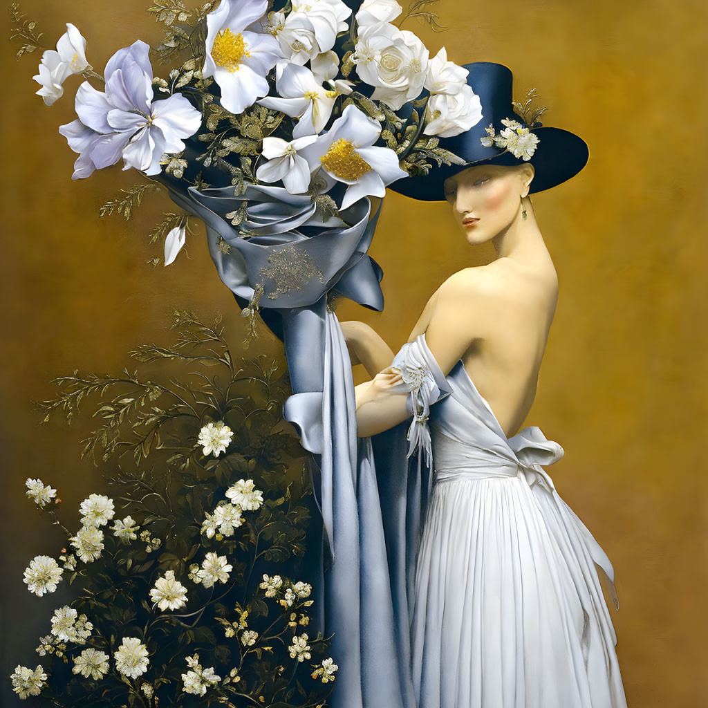 Elegant woman in blue gown and black hat with white flowers on warm backdrop