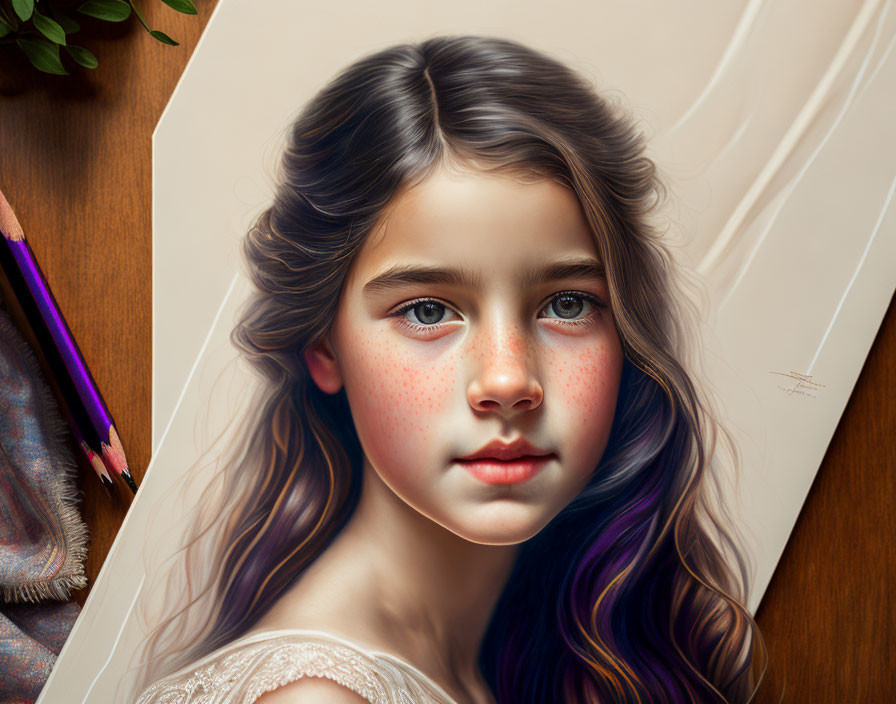 Hyperrealistic portrait of young girl with wavy hair and freckles beside artist's pencils