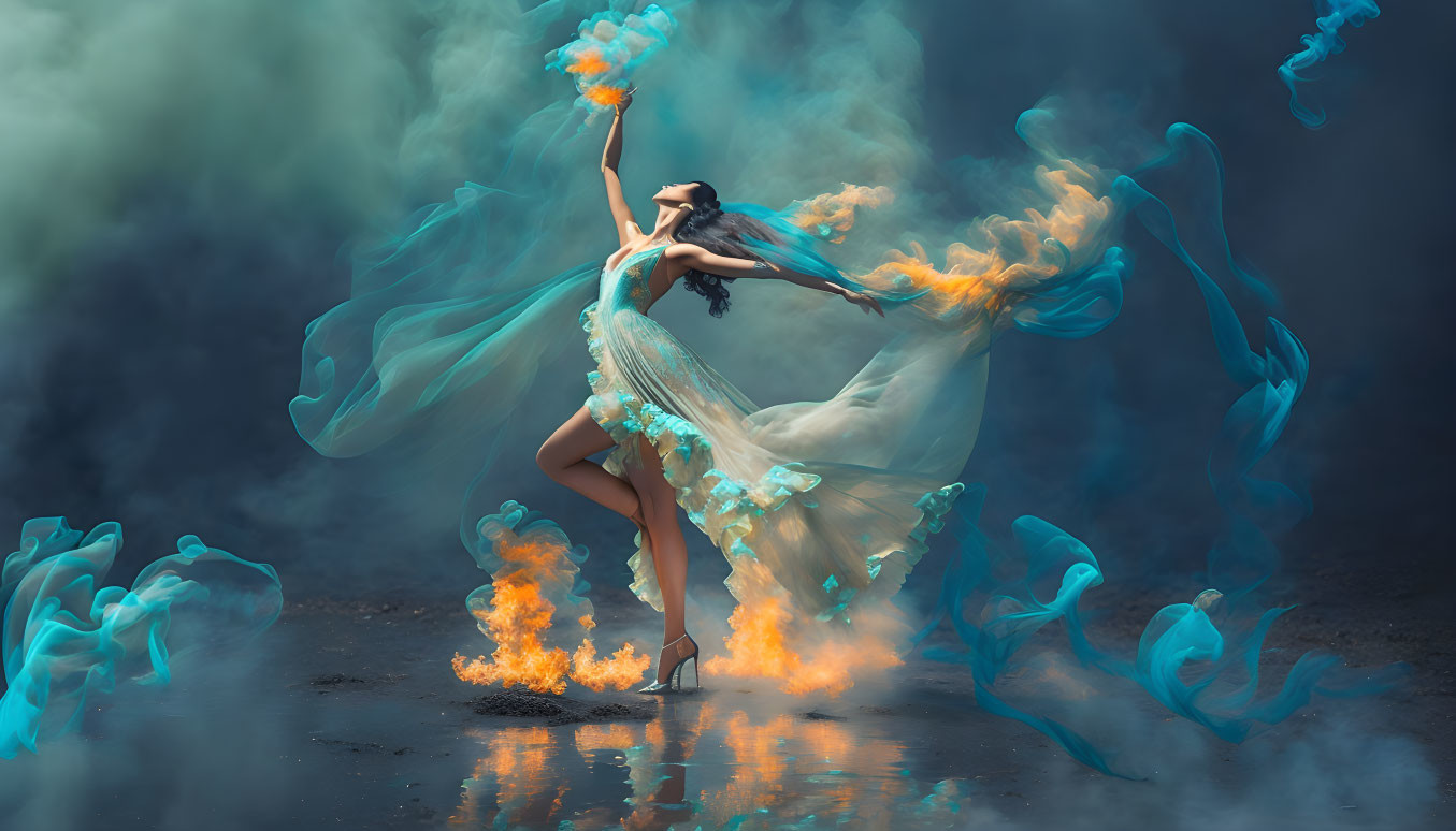 Elegant dancer in blue dress with orange accents amid swirling smoke and flames