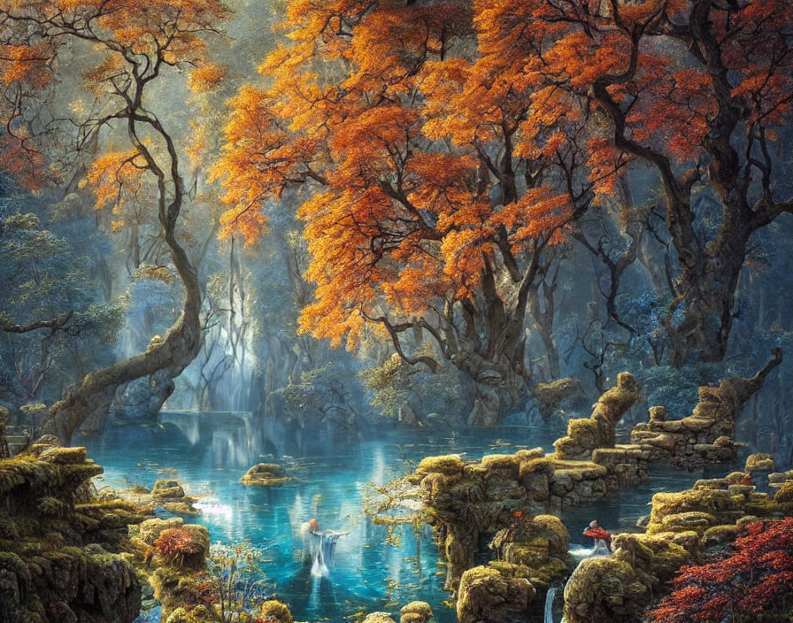 Ethereal autumn forest with orange trees, blue pond, light rays, and misty water.