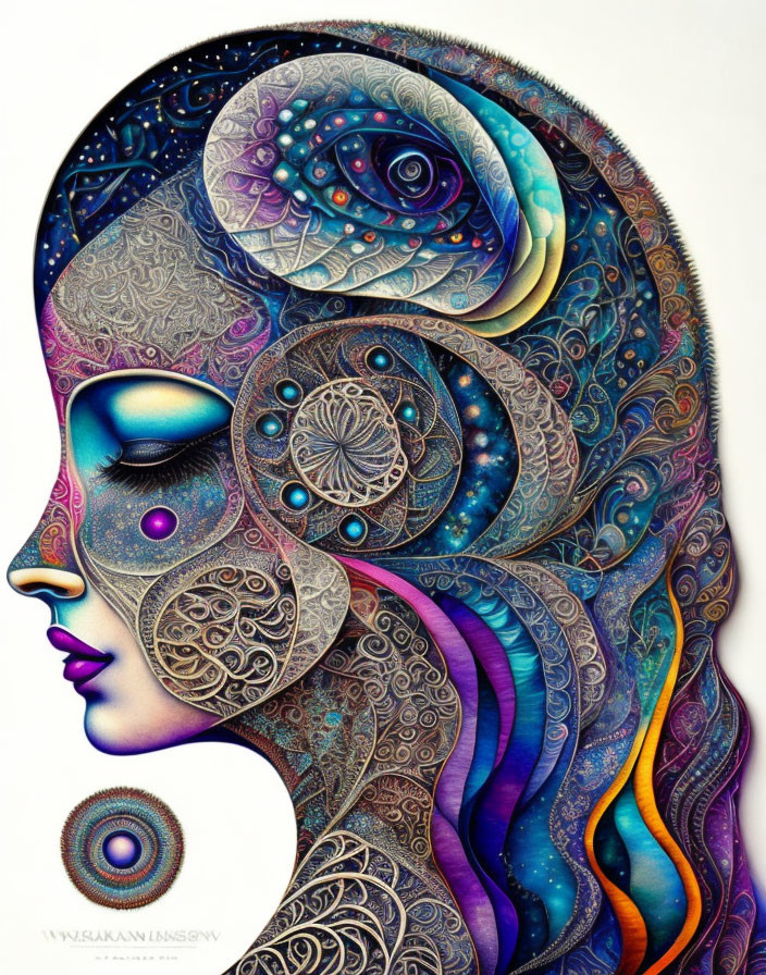 Colorful, intricate female profile with cosmic motifs and swirling lines