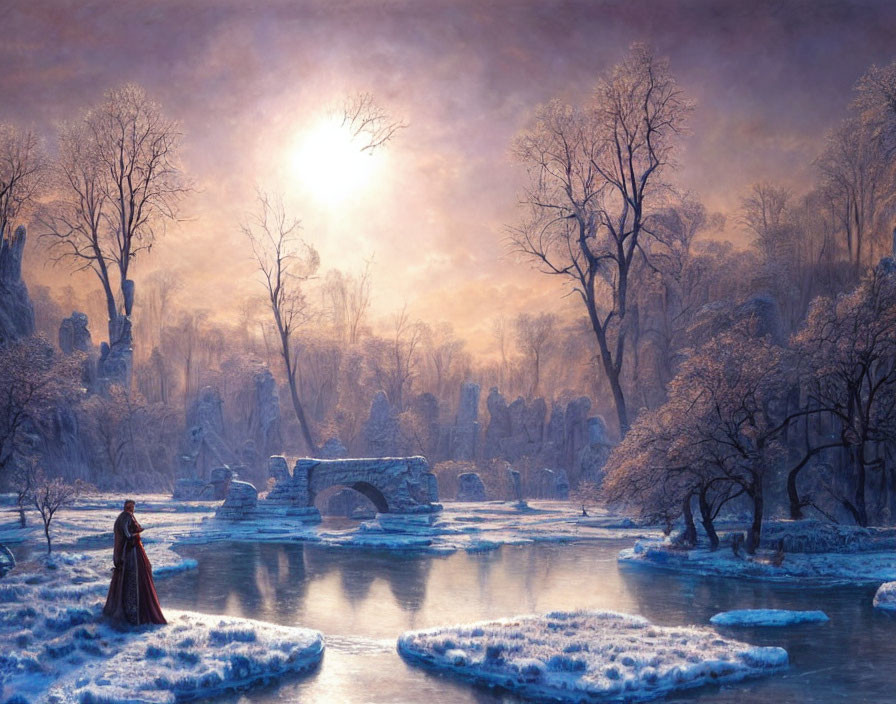 Winter sunrise scene: person in cloak near frozen river, snow-covered trees, old stone bridge