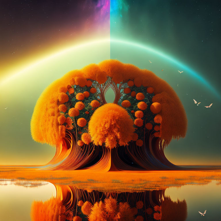 Surreal orange tree-like structures in vibrant landscape