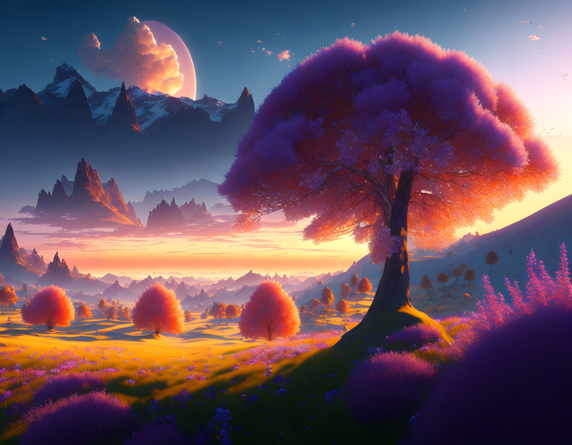 Lush purple tree in vibrant fantasy landscape