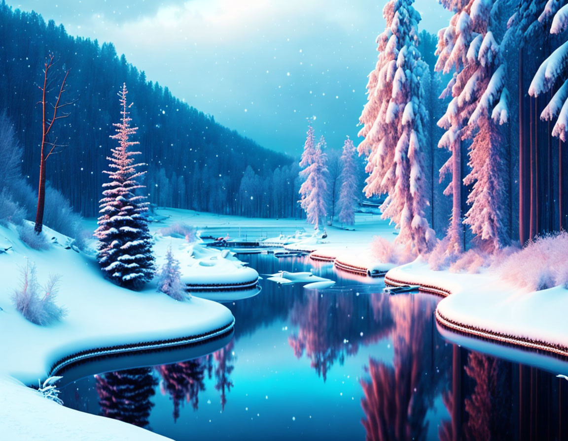 Snow-covered trees, reflective lake, twilight sky: serene winter landscape