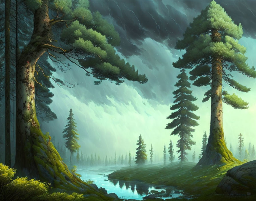 Tranquil forest scene with tall trees, calm river, and cloudy sky