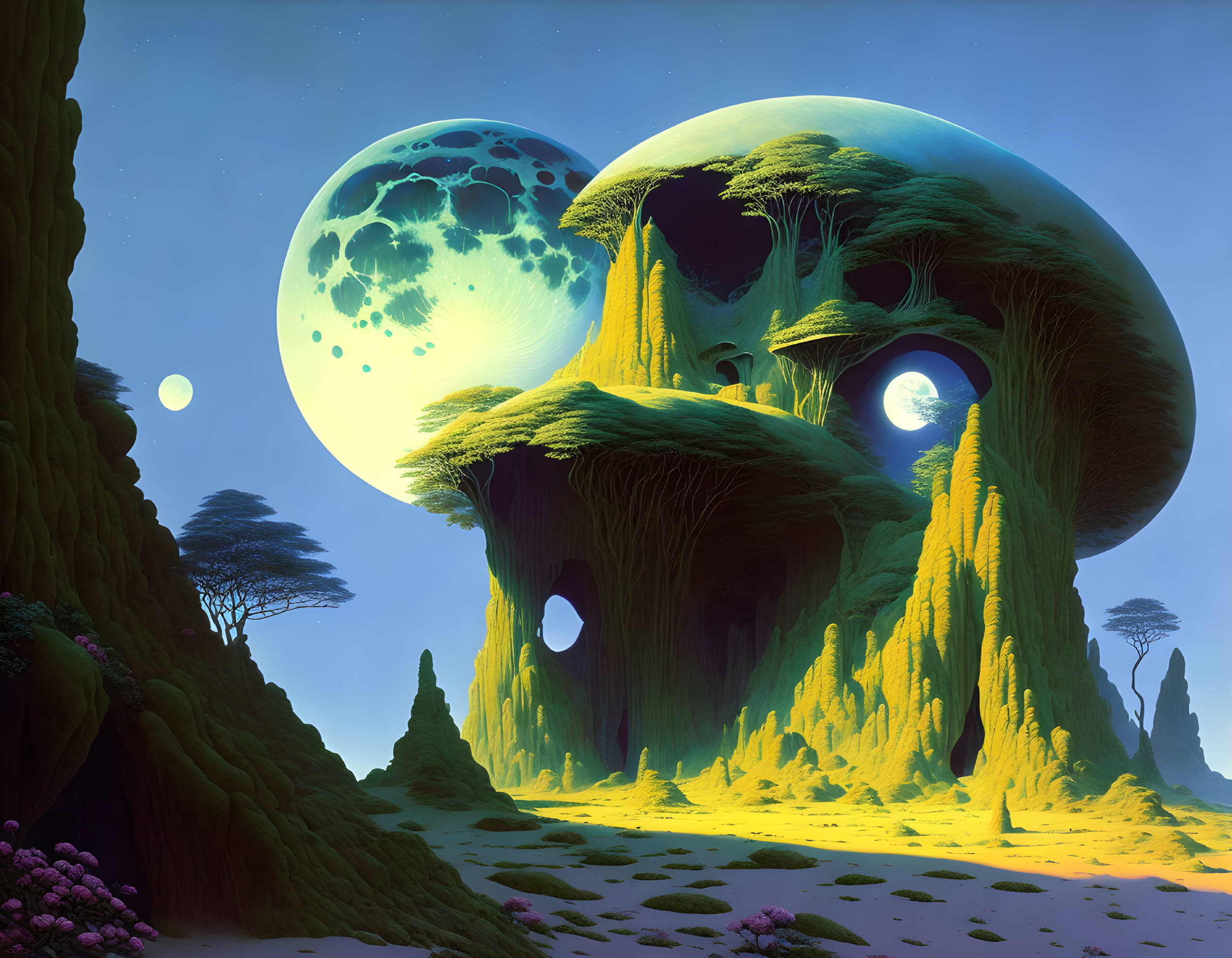 Vibrant green vegetation and towering mushroom-like structures under a large moon in twilight sky