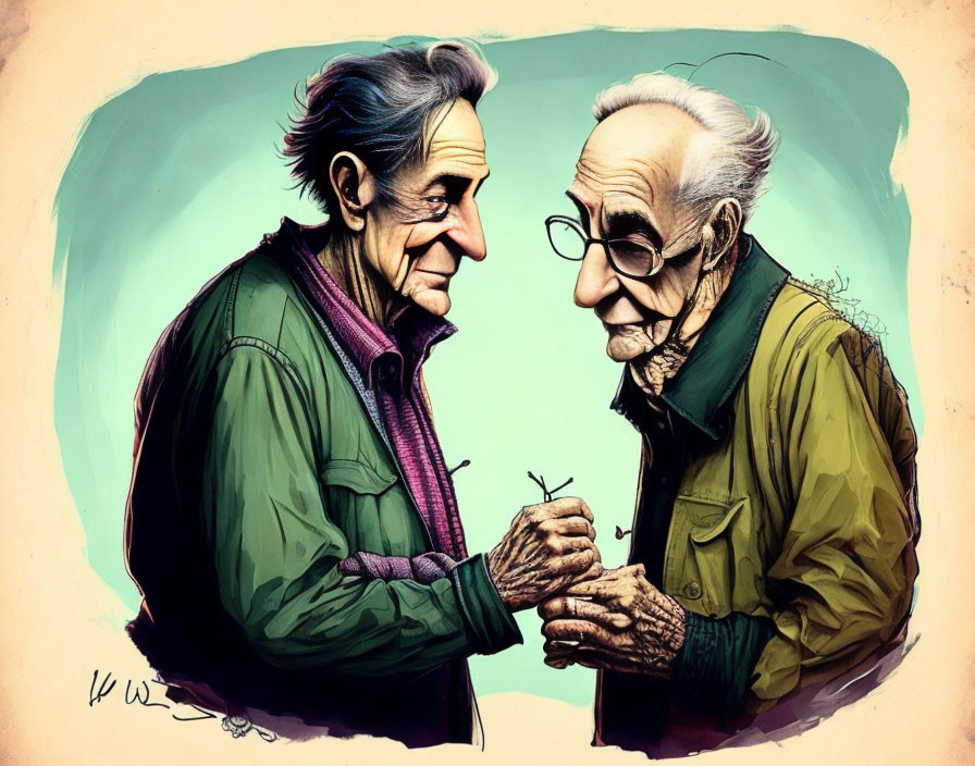 Elderly men in animated style with glasses, jackets, and warm colors