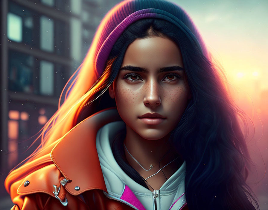 Colorful Beanie Woman in Orange Jacket Against Cityscape at Dusk