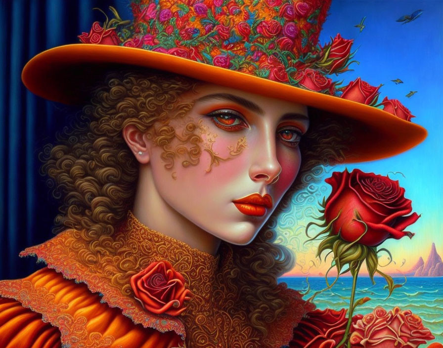 Woman with Floral Hat and Orange Attire Surrounded by Roses and Butterflies