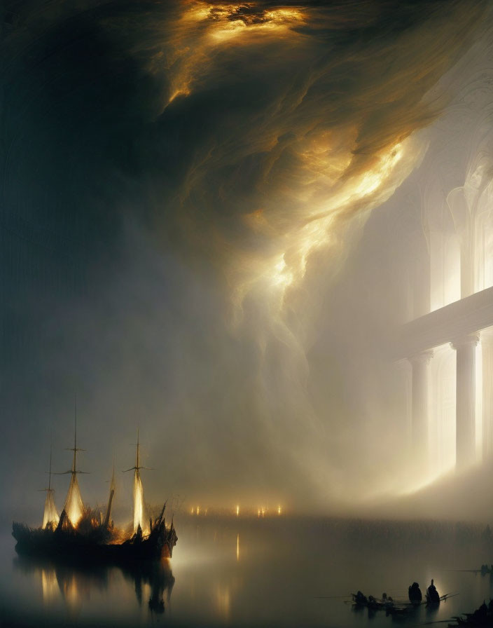 Mystical old ship near grand pillars in illuminated clouds