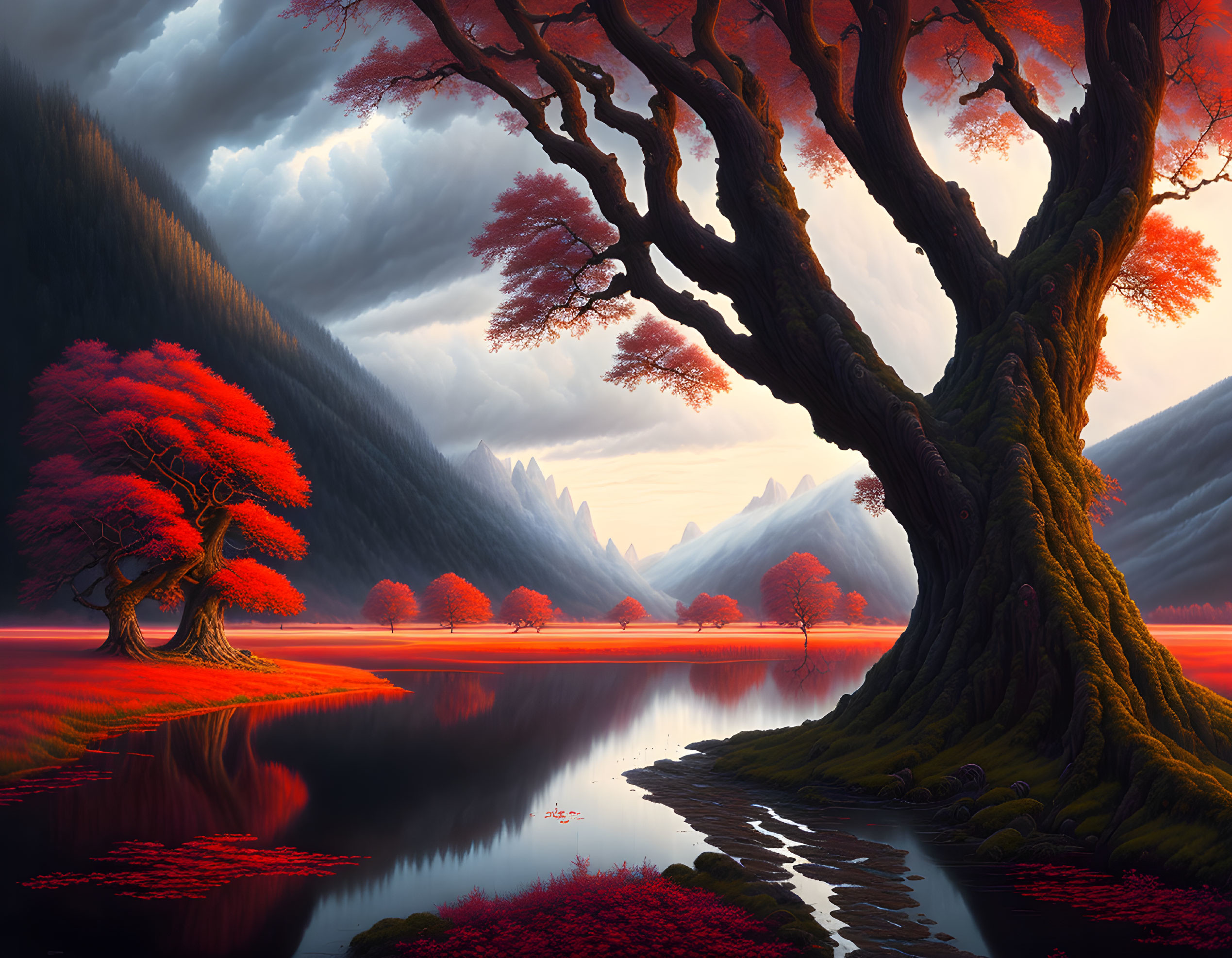 Colorful landscape with red tree by river and mountains